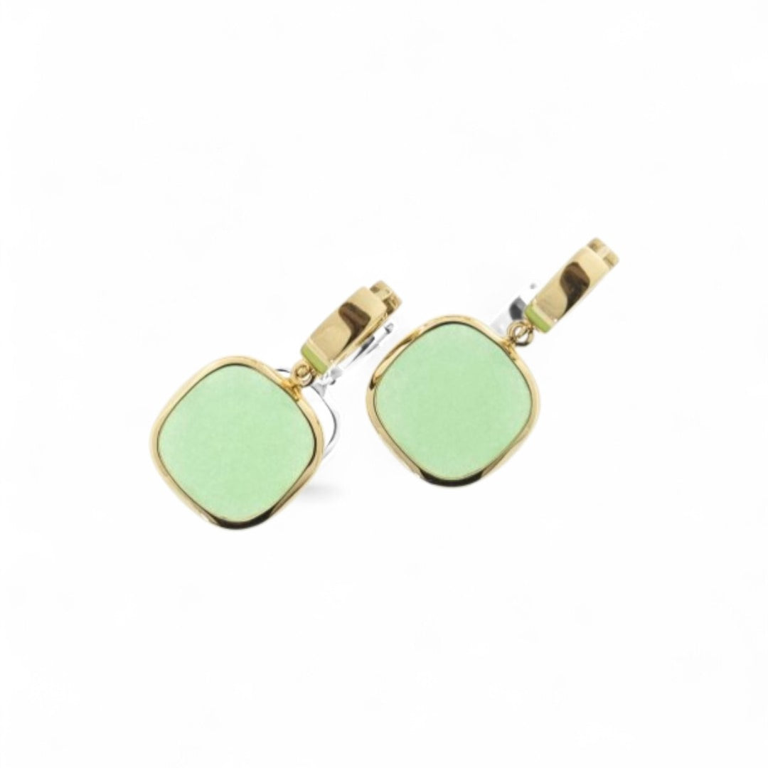 Coriandoli snap earrings with square milky green glass paste